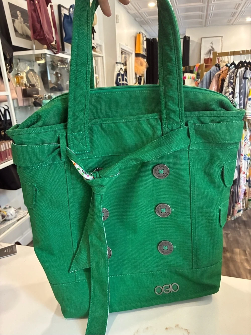 OGIO Green Canvas Tote with Button Front and Polka-Dot Lining